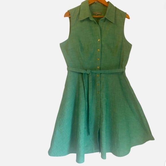 Button Front Tie Waist Shirtdress Sleeveless Green 14 Classic Office Minimalist - Picture 2 of 6